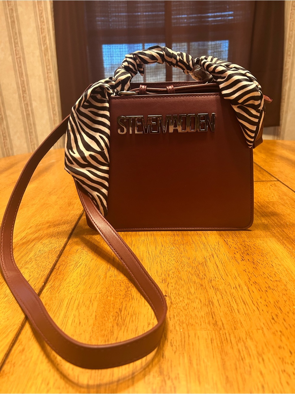Steve Madden Burgundy Crossbody Bag with Zebra Scarf